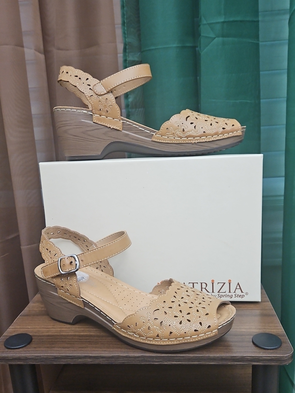 Beige Laser-Cut Wedge Sandals with Ankle Strap